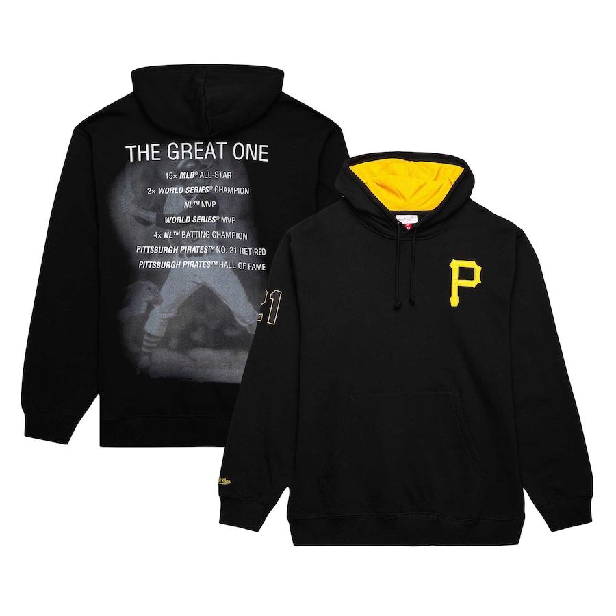Roberto Clemente Pittsburgh Pirates Mitchell & Ness Vintage Logo Name & Number Pullover Hoodie - Black photo 1 topcoolteez